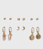 New Look 6 Pack Gold Mixed Stud and Pink Charm Hoop Earrings